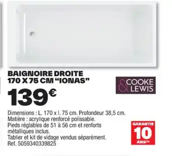Brico Dépôt BAIGNOIRE DROITE 170 X 75 CM "IONAS" offre