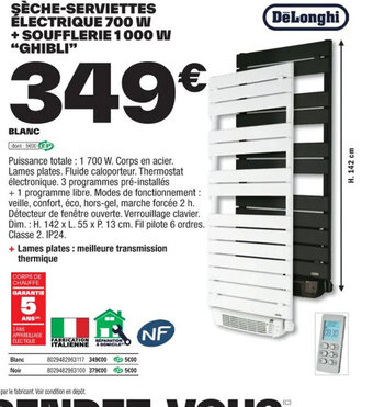 Brico Dépôt SÈCHE-SERVIETTES ÉLECTRIQUE 700 W + SOUFFLERIE 1000 W "GHIBLI" offre