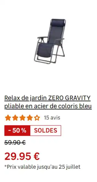 Leroy Merlin Relax de jardin ZERO GRAVITY pliable en acier de coloris bleu 15 avis offre