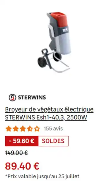 Leroy Merlin Broyeur de végétaux électrique STERWINS Esh1-40.3, 2500W offre