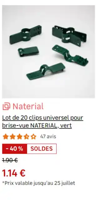 Leroy Merlin Lot de 20 clips universel pour brise-vue NATERIAL, vert offre