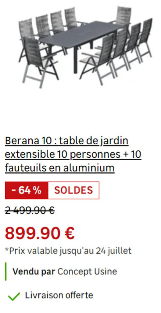 Promo Berana 10 table de jardin extensible 10 personnes + 10 fauteuils