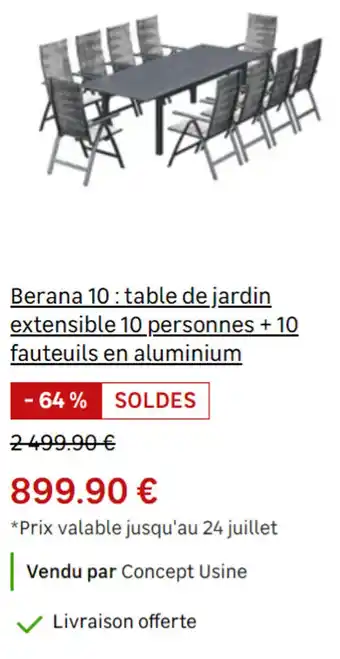 Leroy Merlin Berana 10: table de jardin extensible 10 personnes + 10 fauteuils en aluminium offre