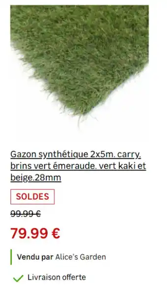 Leroy Merlin Gazon synthétique 2x5m. carry. brins vert émeraude. vert kaki et beige.28mm offre