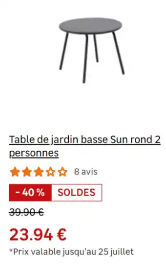 Leroy Merlin Table de jardin basse Sun rond 2 personnes offre