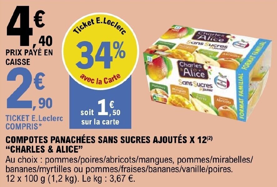Promo COMPOTES PANACHÉES SANS SUCRES AJOUTÉS X 12(²) "CHARLES & ALICE