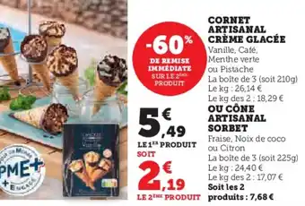 Super U CORNET ARTISANAL CREME GLACÉE offre