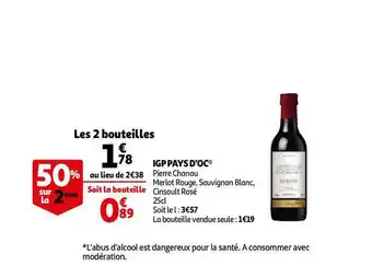 Auchan Direct Igp Pays D'oc Pierre Chanau Merlot Rouge, Sauvignon Blanc, Cinsault Rosé offre