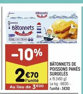 Leader Price Bâtonnets de poissons panés surgelés offre