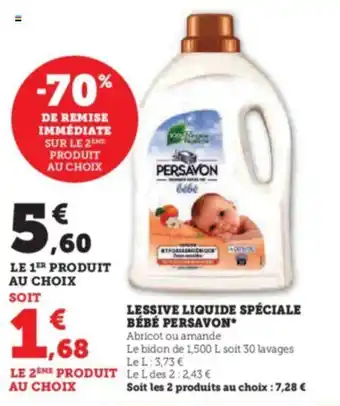 Hyper U LESSIVE LIQUIDE SPÉCIALE BÉBÉ PERSAVON* Abricot ou amande offre