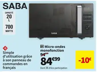 Conforama Saba  micro-ondes monofonction ms20emb offre