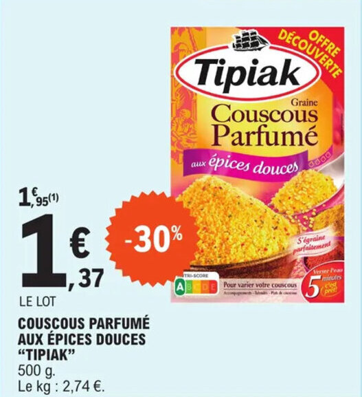 Promo COUSCOUS PARFUMÉ AUX ÉPICES DOUCES "TIPIAK" chez E.Leclerc