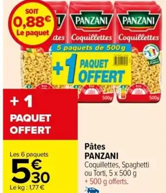 Carrefour Drive Pâtes PANZANI Coquillettes, Spaghetti ou Torti, 5 x 500 g + 500 g offerts. offre