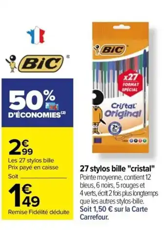 Carrefour Drive 27 stylos bille "cristal" Pointe moyenne, contient 12 bleus, 6 noirs, 5 rouges et offre