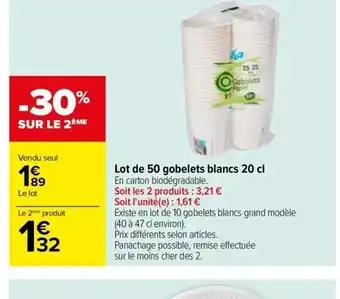 Carrefour Drive Lot de 50 gobelets blancs 20 cl offre