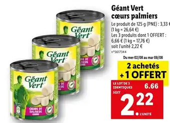 Lidl Géant Vert cœurs palmiers offre