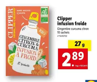 Lidl Clipper infusion froide Gingembre curcuma citron 10 sachets offre