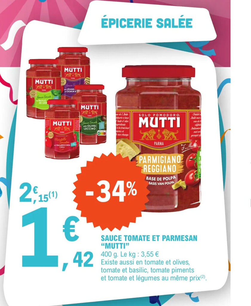 Promo SAUCE TOMATE ET PARMESAN "MUTTI" chez E.Leclerc