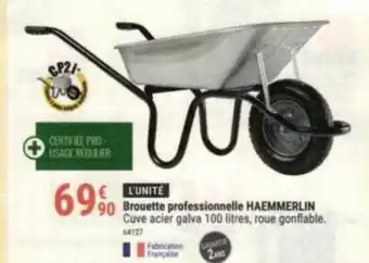 Brouette professionnelle HAEMMERLIN Cuve acier galva 100 litres, roue gonflable.