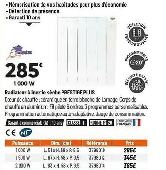 Bricorama Radiateur à Inertie Sèche Prestige Plus offre