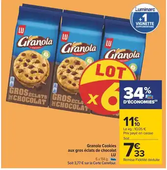 Carrefour Granola Cookies aux gros éclats de chocolat LU offre
