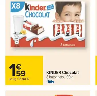 Carrefour KINDER Chocolat 8 bâtonnets, 100 g. offre