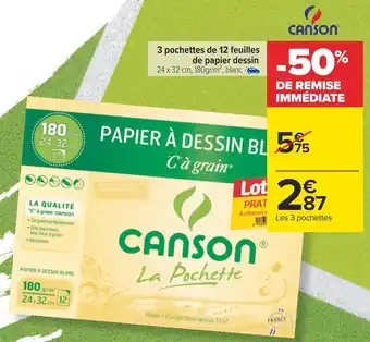 Carrefour Canson 3 pochettes de 12 feuilles de papier dessin offre