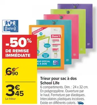 Carrefour Oxford trieur pour sac à dos school life offre