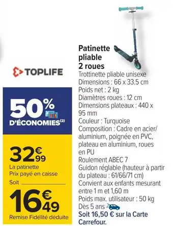 Carrefour Toplife patinette pliable 2 roues offre