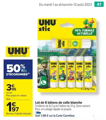 Carrefour Market Uhu lot de 6 bâtons de colle blanche offre