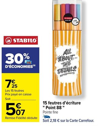 Carrefour 15 feutres d'écriture "Point 88 " offre
