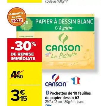 Carrefour i Pochettes de 10 feuilles de papier dessin A3 29,7 x 42 cm. 180gr/m², blanc offre