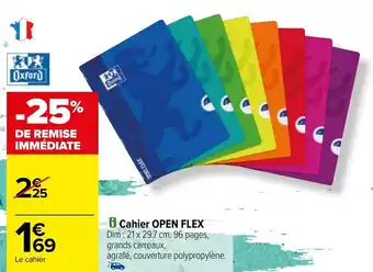 Carrefour i Cahier OPEN FLEX Dim : 21 x 29.7 cm. 96 pages, grands carreaux, offre