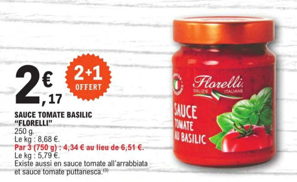 Promo SAUCE TOMATE BASILIC "FLORELLI" chez E.Leclerc
