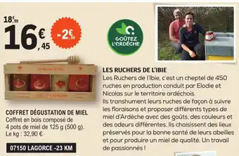 E.Leclerc COFFRET DÉGUSTATION DE MIEL Coffret en bois composé de 4 pots de miel de 125 g (500 g). Le kg: 32,90 € offre