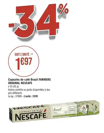 Casino Supermarchés Nescafe capsules de café brazil farmers original offre