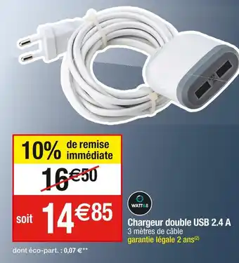 Cora x Carrefour Watt&co chargeur double usb 2.4 a offre