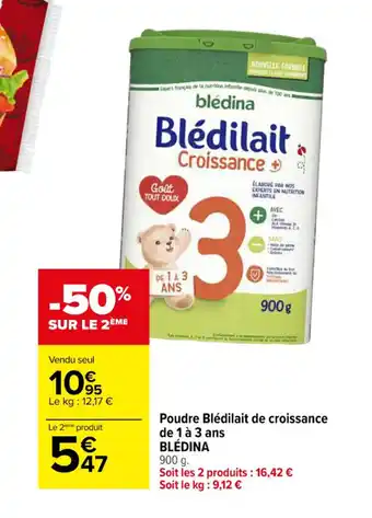Carrefour Poudre Blédilait de croissance de 1 à 3 ans BLÉDINA 900 g. offre