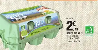 E.Leclerc OEUFS BIO X6 (¹) "LES COCOS D'ORICOURT" L'oeuf: 0,42 € offre