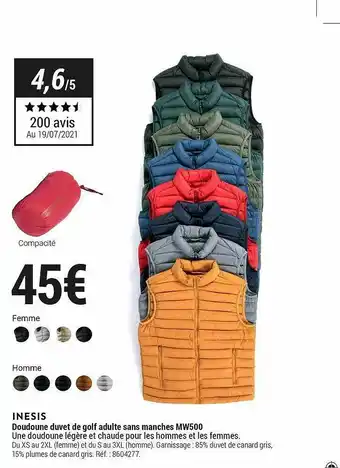 Decathlon Doudoune Duvet De Golf Adulte Sans Manche Mw500 Inesis offre