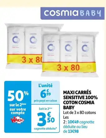 Auchan Cosmia baby maxi carrés sensitive 100% coton offre