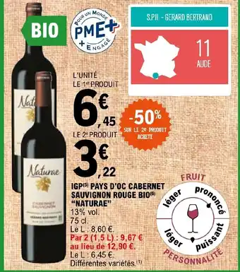 E.Leclerc IGP(5) PAYS D'OC CABERNET (5) DAV SAUVIGNON ROUGE BIO(6) "NATURAE" offre