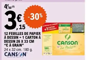 E.Leclerc 12 FEUILLES DE PAPIER À DESSIN + 1 CARTON À DESSIN 26 X 33 CM "C À GRAIN" offre