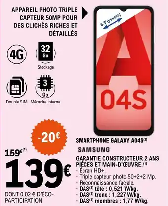 E.Leclerc SMARTPHONE GALAXY A04S(²) offre