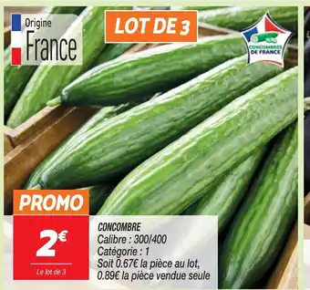Netto CONCOMBRE Calibre: 300/400 Catégorie : 1 Soit 0.67€ la pièce au lot, 0.89€ la pièce vendue seule offre