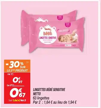 Netto LINGETTES BÉBÉ SENSITIVE NETTO 63 lingettes offre