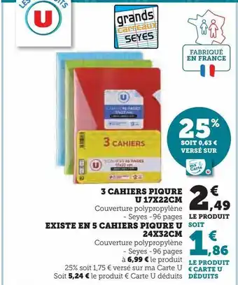 Hyper U 3 cahiers piqure u 17x22cm offre