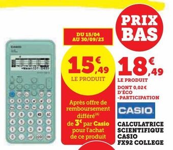 Hyper U Calculatrice scientifique casio fx92 college offre