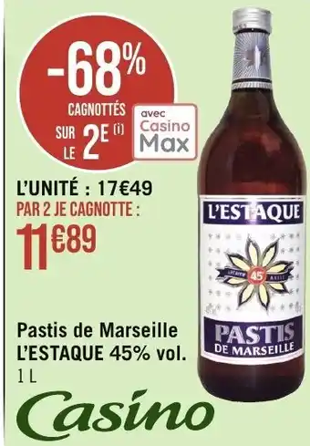 Géant Casino Pastis de Marseille PASTIS L'ESTAQUE 45% vol. 1 L offre