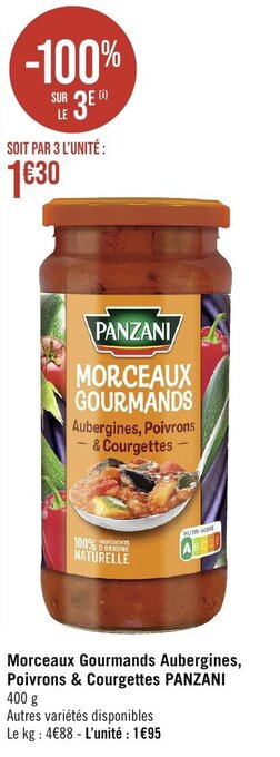 Géant Casino Morceaux Gourmands Aubergines, Poivrons & Courgettes PANZANI 400 g Autres variétés disponibles Le kg: 4€88 - L'unité : 1€95 offre